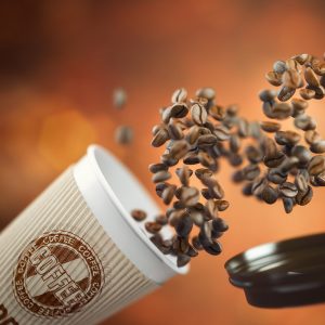 Coffee take away paper cup with coffee beans on a brown background. 3d illustration